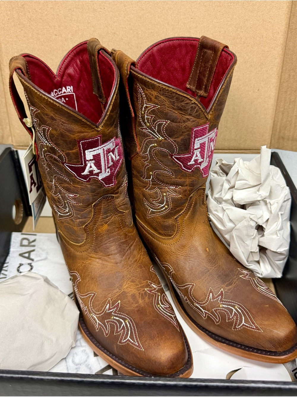 Vaccari University Texas A&M Maroon-Lined Brown Leather boots